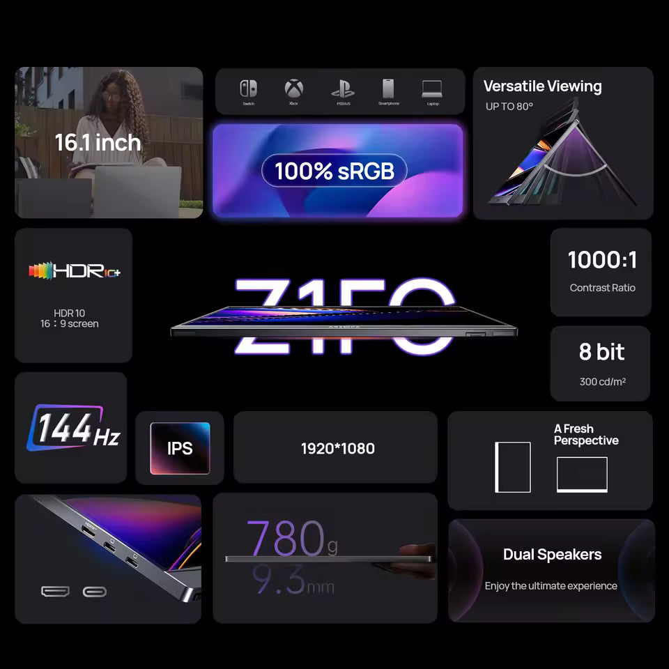 ARZOPA 16.1 inch 100% sRGB 144Hz Portable Monitor Gaming Laptop Display with Type C Mini HDMI For PS/Steam/Deck/Switch/PC/Mac
