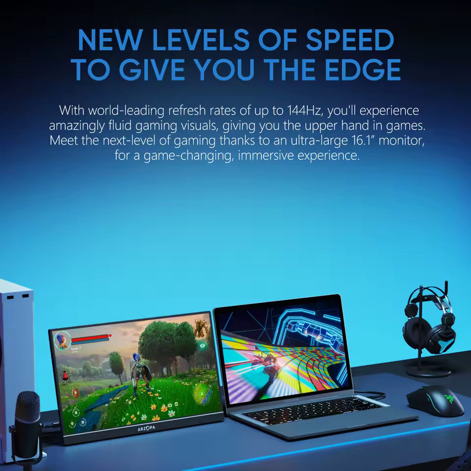 ARZOPA 16.1 inch 100% sRGB 144Hz Portable Monitor Gaming Laptop Display with Type C Mini HDMI For PS/Steam/Deck/Switch/PC/Mac